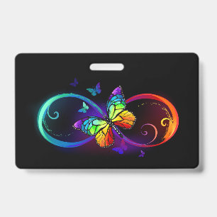 Vibrant infinity with rainbow butterfly on black badge