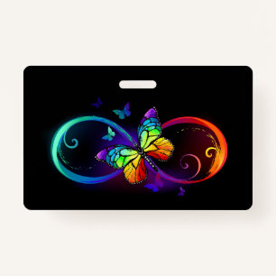 Vibrant infinity with rainbow butterfly on black badge