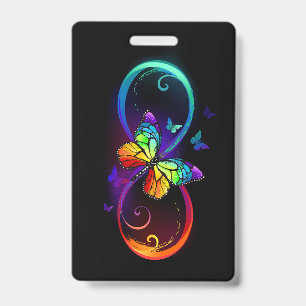 Vibrant infinity with rainbow butterfly on black badge