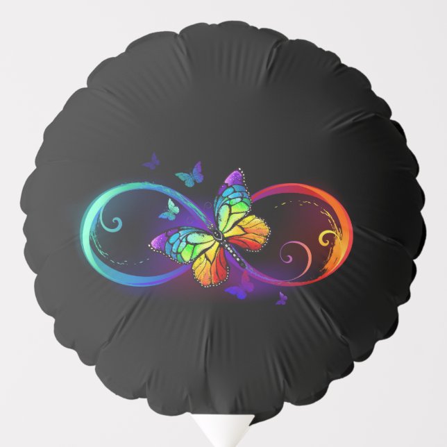 Vibrant infinity with rainbow butterfly on black  balloon (Front)