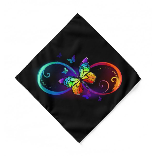 Vibrant infinity with rainbow butterfly on black bandana (Front)