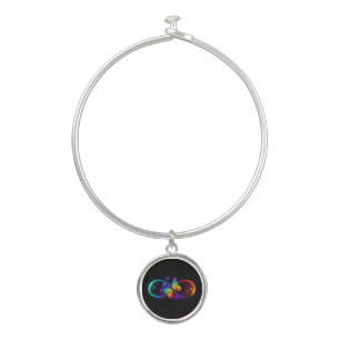Vibrant infinity with rainbow butterfly on black bangle bracelet