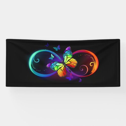 Vibrant infinity with rainbow butterfly on black banner
