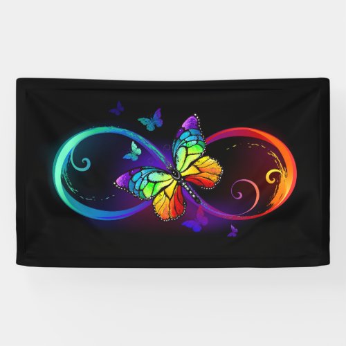 Vibrant infinity with rainbow butterfly on black banner