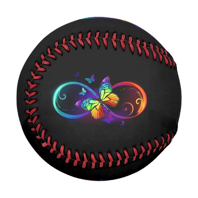 Vibrant infinity with rainbow butterfly on black baseball (Front Left)