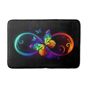 Vibrant infinity with rainbow butterfly on black bath mat