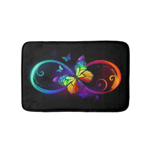 Vibrant infinity with rainbow butterfly on black bath mat