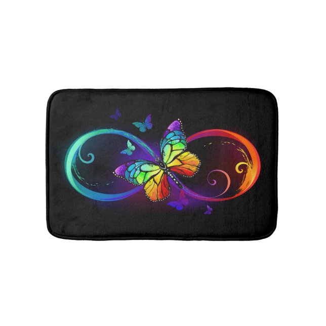 Vibrant infinity with rainbow butterfly on black bath mat (Front)