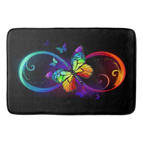 Vibrant infinity with rainbow butterfly on black bath mat