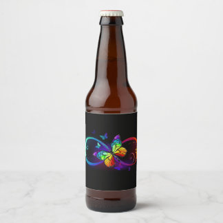 Vibrant infinity with rainbow butterfly on black beer bottle label