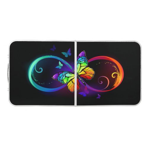 Vibrant infinity with rainbow butterfly on black beer pong table