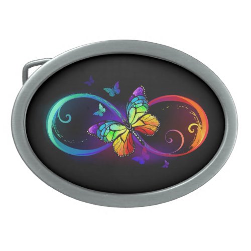 Vibrant infinity with rainbow butterfly on black belt buckle