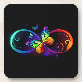 Vibrant infinity with rainbow butterfly on black beverage coaster