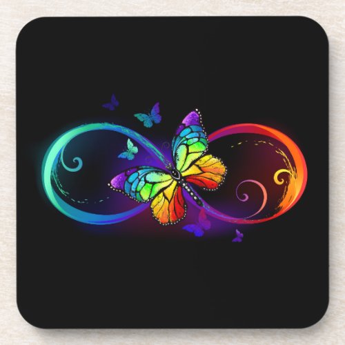 Vibrant infinity with rainbow butterfly on black beverage coaster