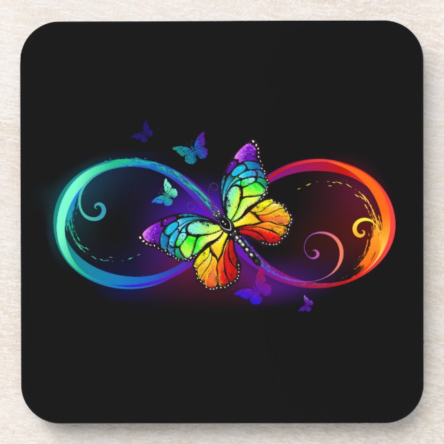 Vibrant infinity with rainbow butterfly on black beverage coaster (Front)