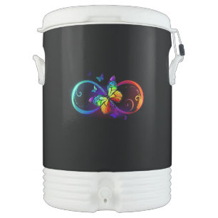 Vibrant infinity with rainbow butterfly on black beverage cooler