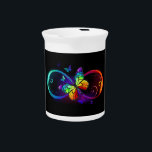 Vibrant infinity with rainbow butterfly on black beverage pitcher<br><div class="desc">Multicolor,  bright,  symbol of infinity with rainbow,  detailed butterfly monarch. Rainbow butterfly. Rainbow infinity.</div>