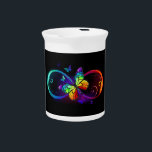 Vibrant infinity with rainbow butterfly on black beverage pitcher<br><div class="desc">Multicolor,  bright,  symbol of infinity with rainbow,  detailed butterfly monarch. Rainbow butterfly. Rainbow infinity.</div>