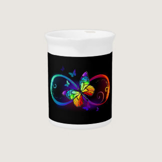 Vibrant infinity with rainbow butterfly on black beverage pitcher