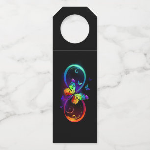 Vibrant infinity with rainbow butterfly on black bottle hanger tag