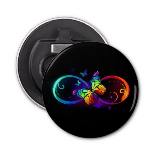 Vibrant infinity with rainbow butterfly on black bottle opener