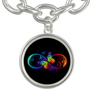 Vibrant infinity with rainbow butterfly on black bracelet