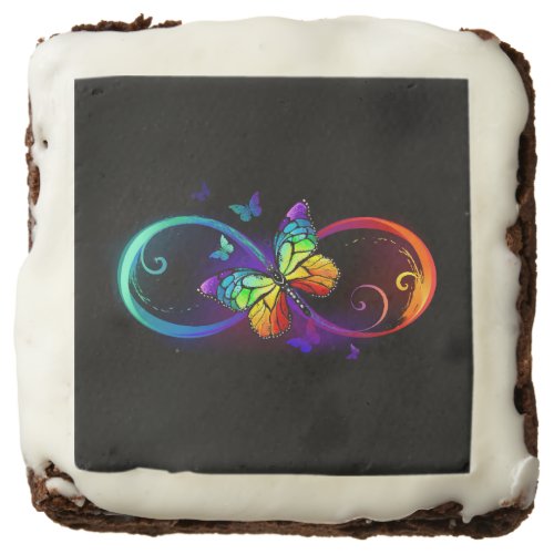 Vibrant infinity with rainbow butterfly on black  brownie