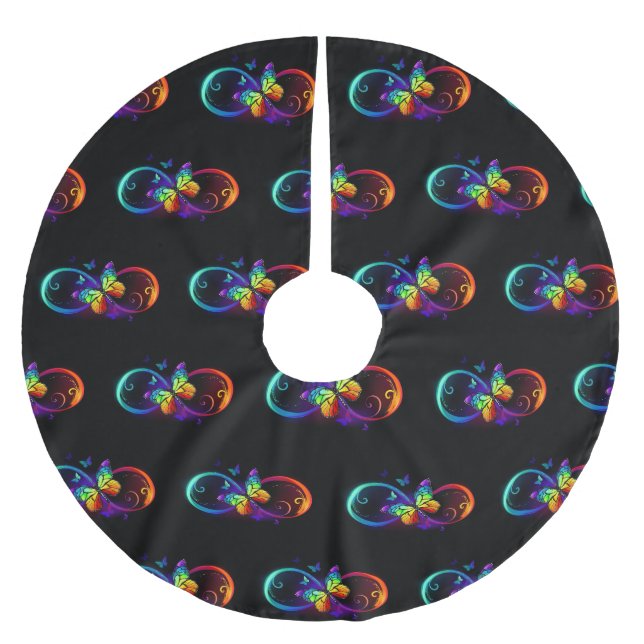 Vibrant infinity with rainbow butterfly on black brushed polyester tree skirt (Front)