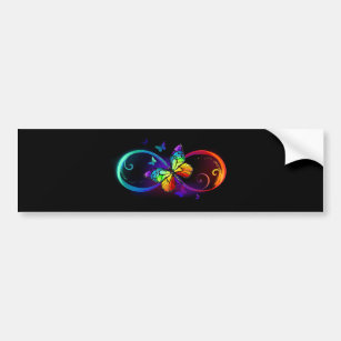 Vibrant infinity with rainbow butterfly on black bumper sticker