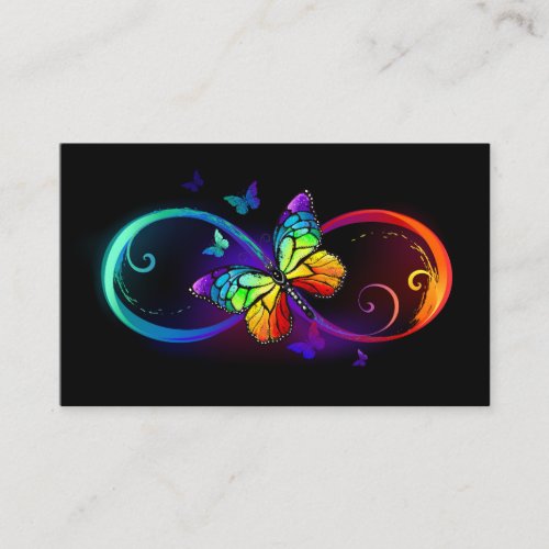 Vibrant infinity with rainbow butterfly on black business card