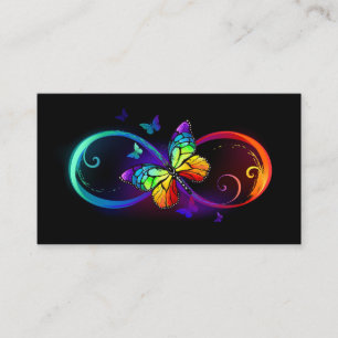 Vibrant infinity with rainbow butterfly on black business card
