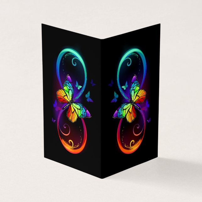 Vibrant infinity with rainbow butterfly on black business card (Outside)