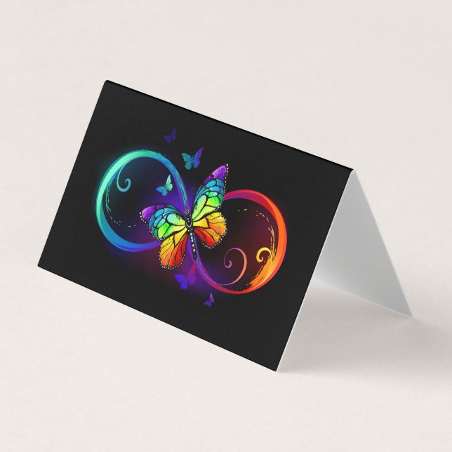 Vibrant infinity with rainbow butterfly on black  business card (Front)