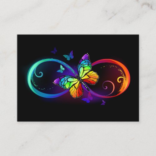 Vibrant infinity with rainbow butterfly on black business card