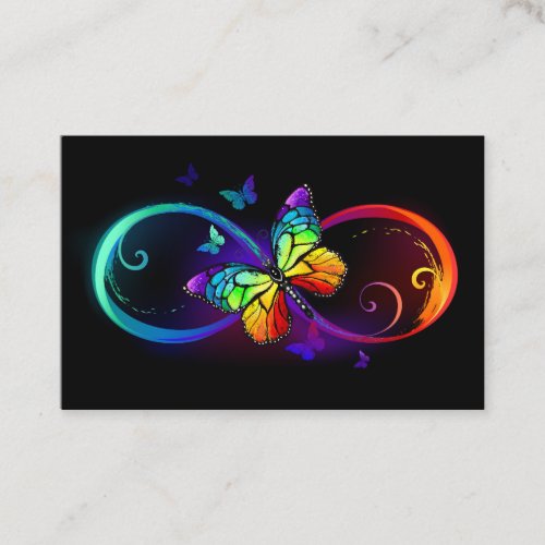 Vibrant infinity with rainbow butterfly on black business card