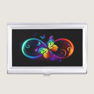 Vibrant infinity with rainbow butterfly on black business card case