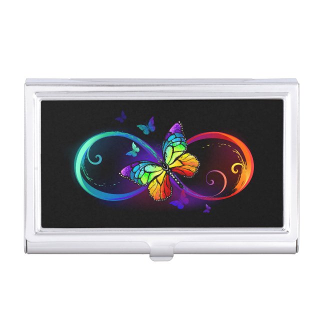 Vibrant infinity with rainbow butterfly on black business card case (Front)