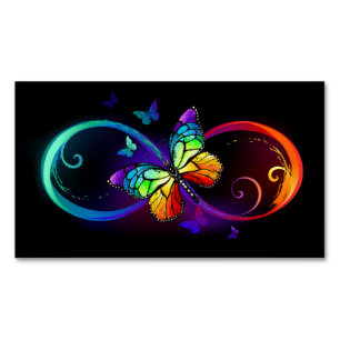 Vibrant infinity with rainbow butterfly on black business card magnet