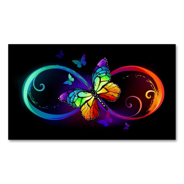 Vibrant infinity with rainbow butterfly on black  business card magnet (Front)