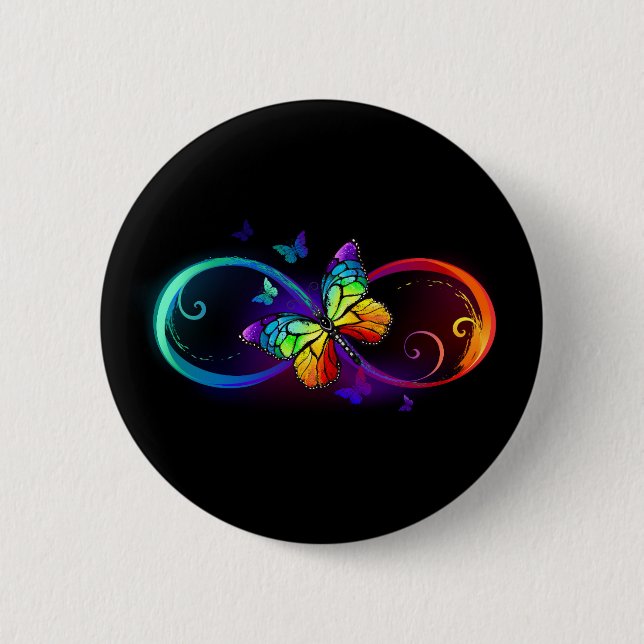 Vibrant infinity with rainbow butterfly on black button (Front)