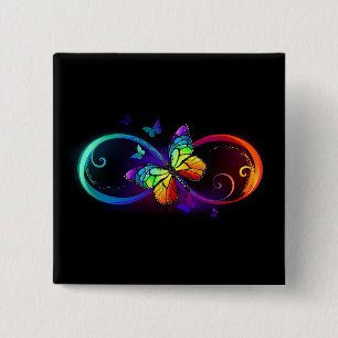 Vibrant infinity with rainbow butterfly on black button