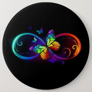 Vibrant infinity with rainbow butterfly on black button