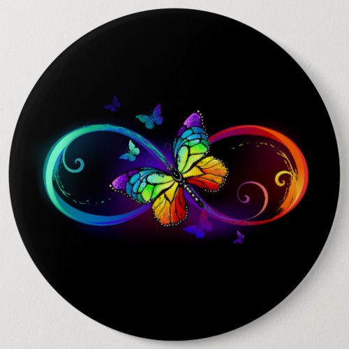 Vibrant infinity with rainbow butterfly on black button