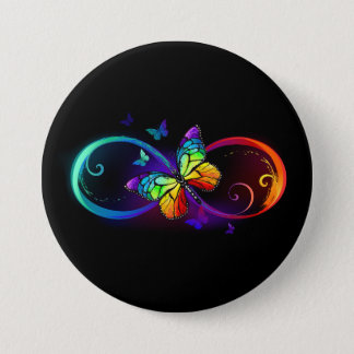 Vibrant infinity with rainbow butterfly on black button