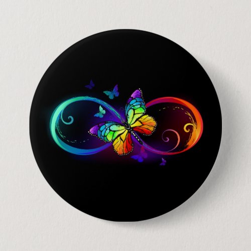 Vibrant infinity with rainbow butterfly on black button