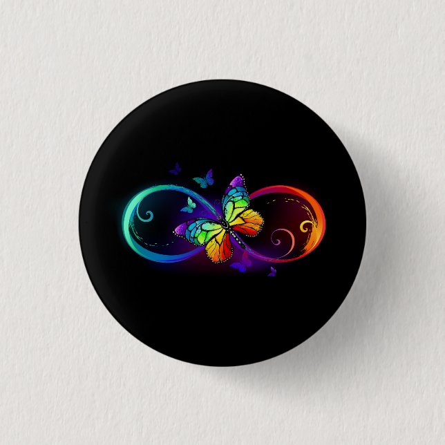 Vibrant infinity with rainbow butterfly on black button (Front)