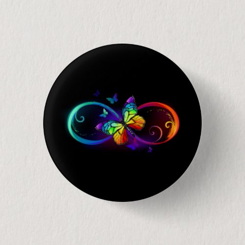 Vibrant infinity with rainbow butterfly on black button