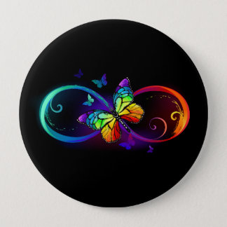 Vibrant infinity with rainbow butterfly on black  button