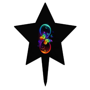 Vibrant infinity with rainbow butterfly on black cake topper