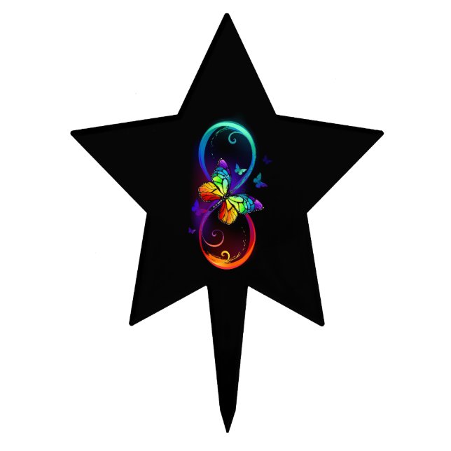 Vibrant infinity with rainbow butterfly on black cake topper (Front)
